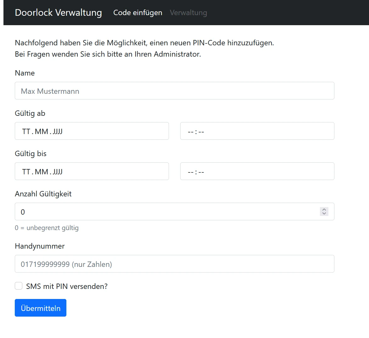 Screenshot des D-Lock Onlineportals: Formular zum Anlegen eines neuen PIN-Codes mit Gültigkeitszeitraum und SMS-Versand